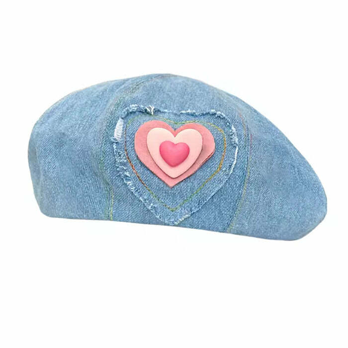 Heart Patch Denim Beret Hat: Trendy Outfit Accessory for Fashion Lovers