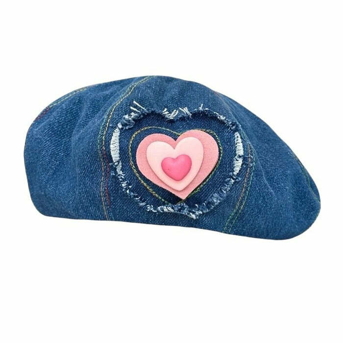 Heart Patch Denim Beret Hat: Trendy Outfit Accessory for Fashion Lovers