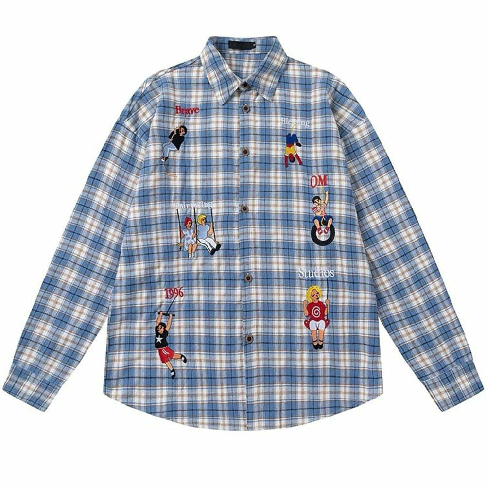 Indie Aesthetic Embroidered Plaid Shirt: Trendy Outfit Ideas & Styles