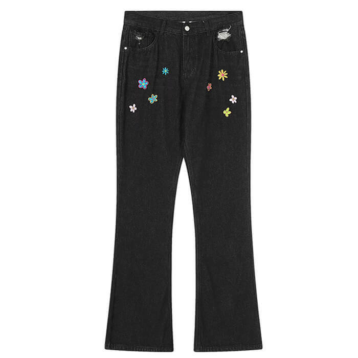 Indie Aesthetic Flower Embroidery Jeans - Cute 2000s Outfits & Y2K Fashion