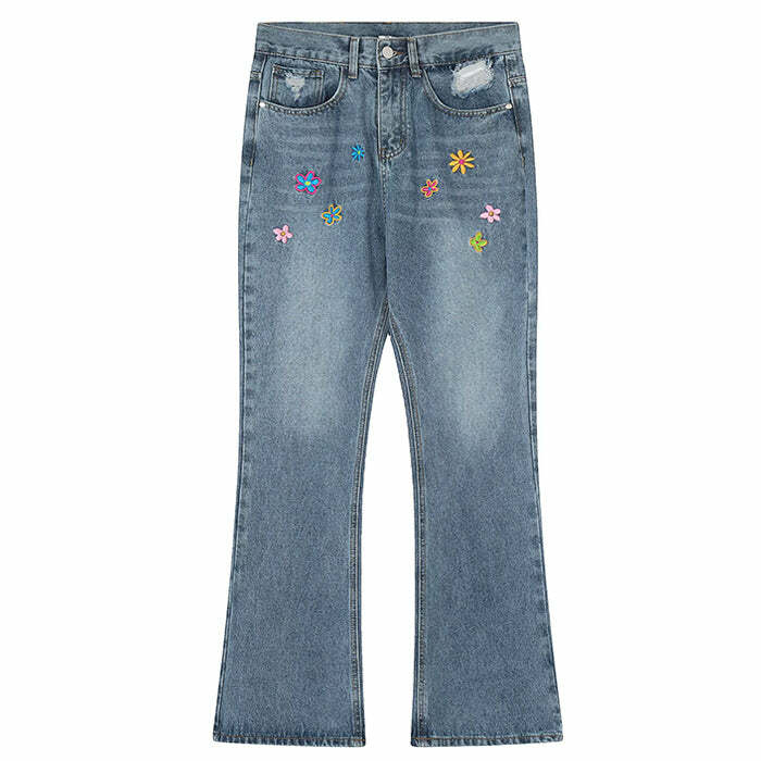 Indie Aesthetic Flower Embroidery Jeans - Cute 2000s Outfits & Y2K Fashion