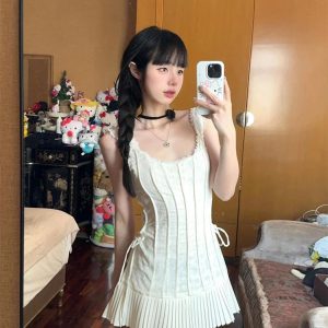 Ivory Pleated Corset Mini Dress - Cute 2000s Outfits & Y2K Fashion