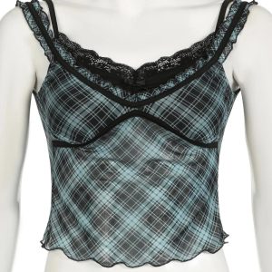 Lace-Trim Plaid Mesh Top: Chic Outfit Ideas for Spring & Casual Outfits