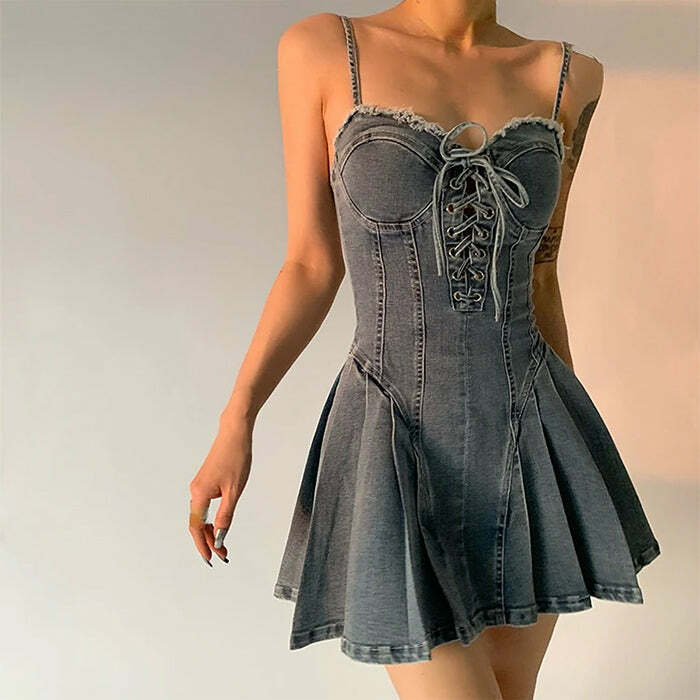 Lace Up Denim Dress - Cute 2000s Outfits, Y2K Fashion Inspiration