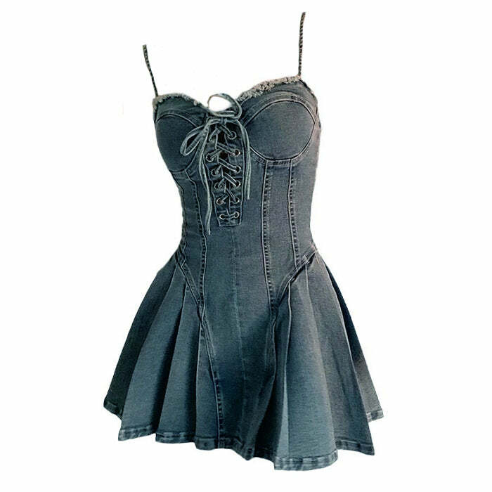 Lace Up Denim Dress - Cute 2000s Outfits, Y2K Fashion Inspiration