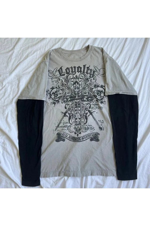 Loyalty Gothic Cross Layered T-Shirt - Y2K Fashion, 2000s Outfit Inspiration