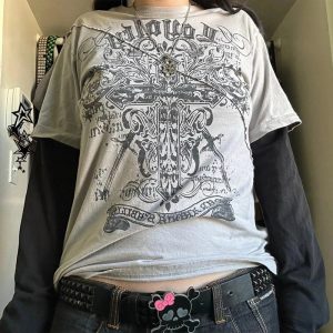 Loyalty Gothic Cross Layered T-Shirt - Y2K Fashion, 2000s Outfit Inspiration