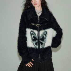 Midnight Butterfly Fuzzy Jacket: Perfect for Concerts & Casual Outfits