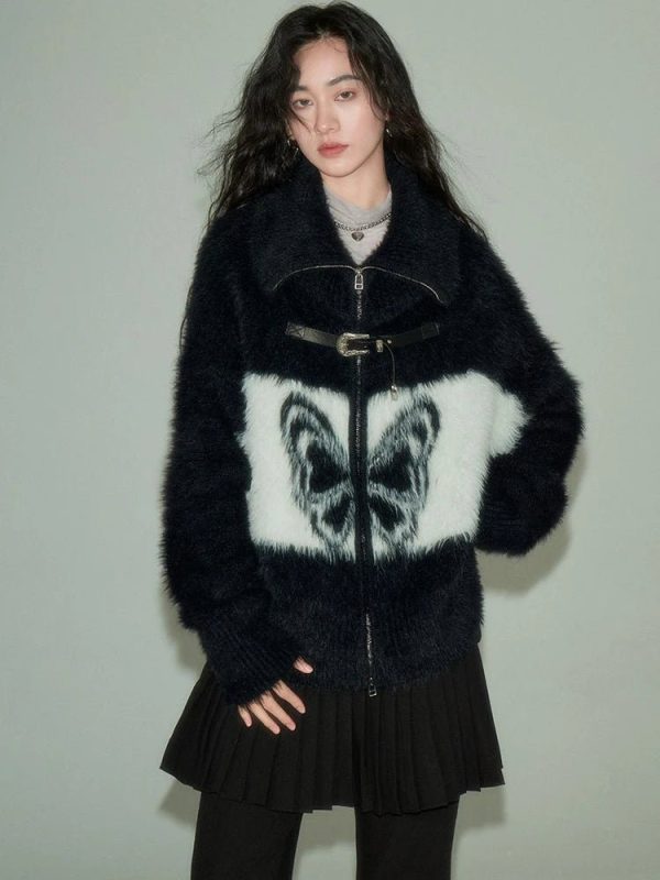 Midnight Butterfly Fuzzy Jacket: Perfect for Concerts & Casual Outfits