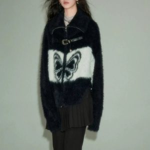 Midnight Butterfly Fuzzy Jacket: Perfect for Concerts & Casual Outfits