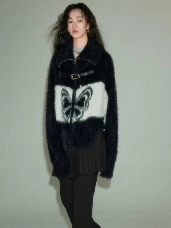 Midnight Butterfly Fuzzy Jacket: Perfect for Concerts & Casual Outfits