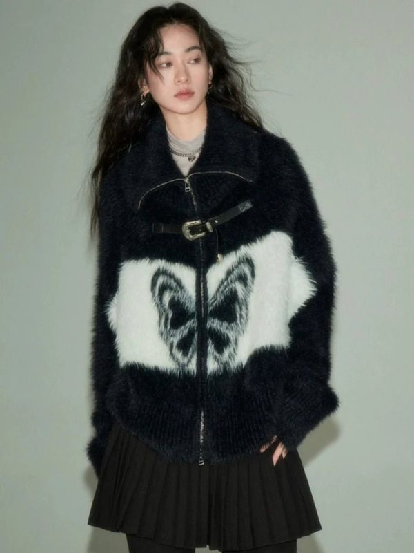 Midnight Butterfly Fuzzy Jacket: Perfect for Concerts & Casual Outfits