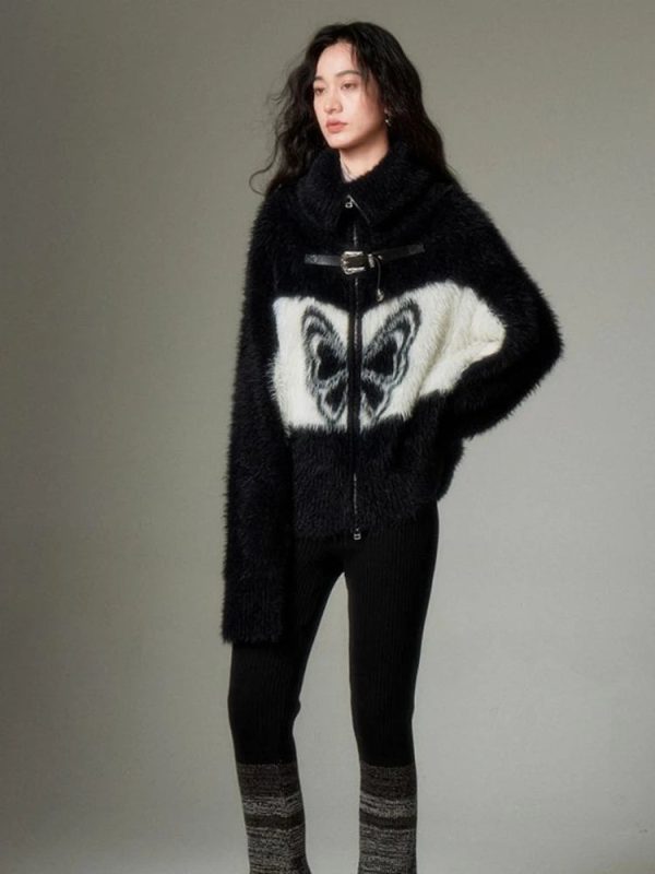 Midnight Butterfly Fuzzy Jacket: Perfect for Concerts & Casual Outfits