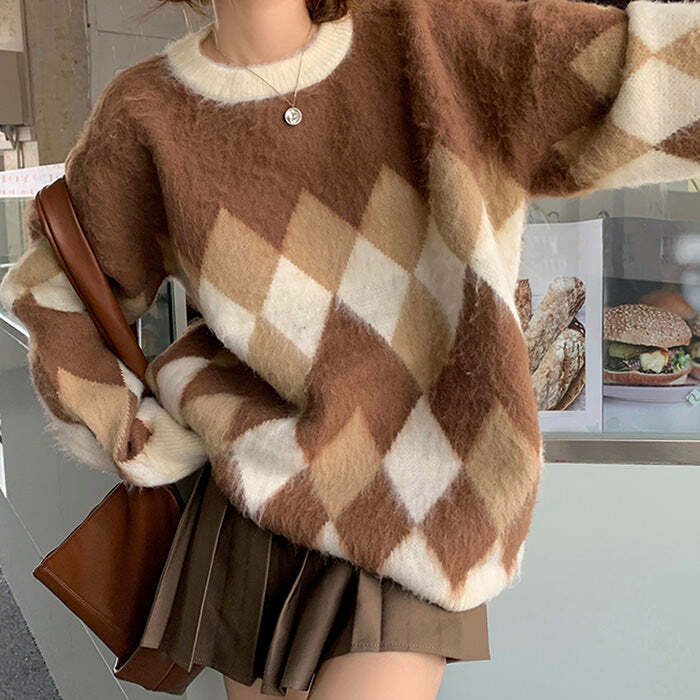 Mocha Fuzzy Argyle Sweater: Perfect for Spring Outfits & Casual Looks