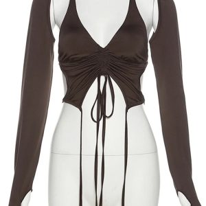 Mocha Ruched Tie-Up Top: Perfect for Spring Outfits & Date Night Looks