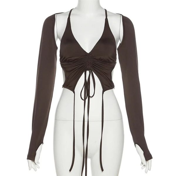 Mocha Ruched Tie-Up Top: Perfect for Spring Outfits & Date Night Looks