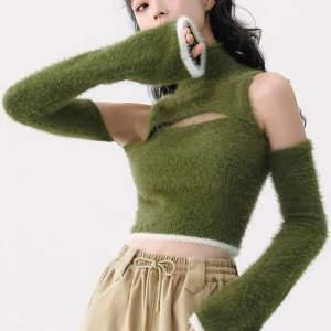 Mossy Cutout Fuzzy Crop Top - Cute 2000s Outfits & Y2K Fashion Inspiration