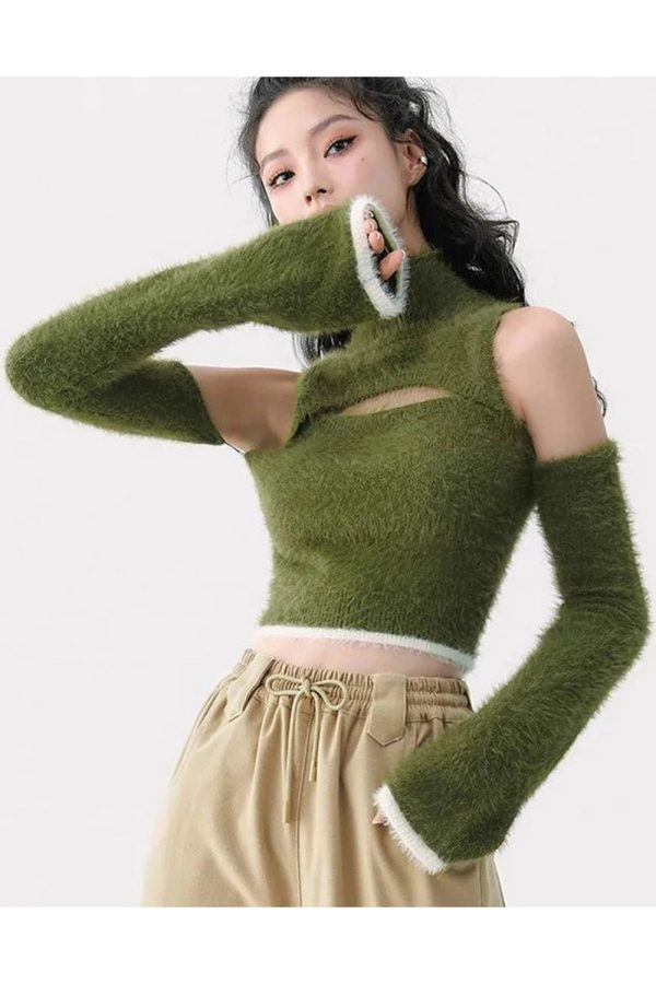 Mossy Cutout Fuzzy Crop Top - Cute 2000s Outfits & Y2K Fashion Inspiration