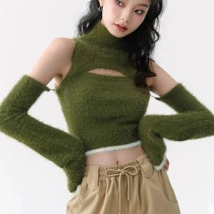 Mossy Cutout Fuzzy Crop Top - Cute 2000s Outfits & Y2K Fashion Inspiration