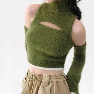 Mossy Cutout Fuzzy Crop Top - Cute 2000s Outfits & Y2K Fashion Inspiration