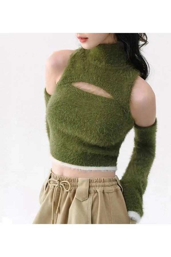 Mossy Cutout Fuzzy Crop Top - Cute 2000s Outfits & Y2K Fashion Inspiration