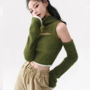 Mossy Cutout Fuzzy Crop Top - Cute 2000s Outfits & Y2K Fashion Inspiration