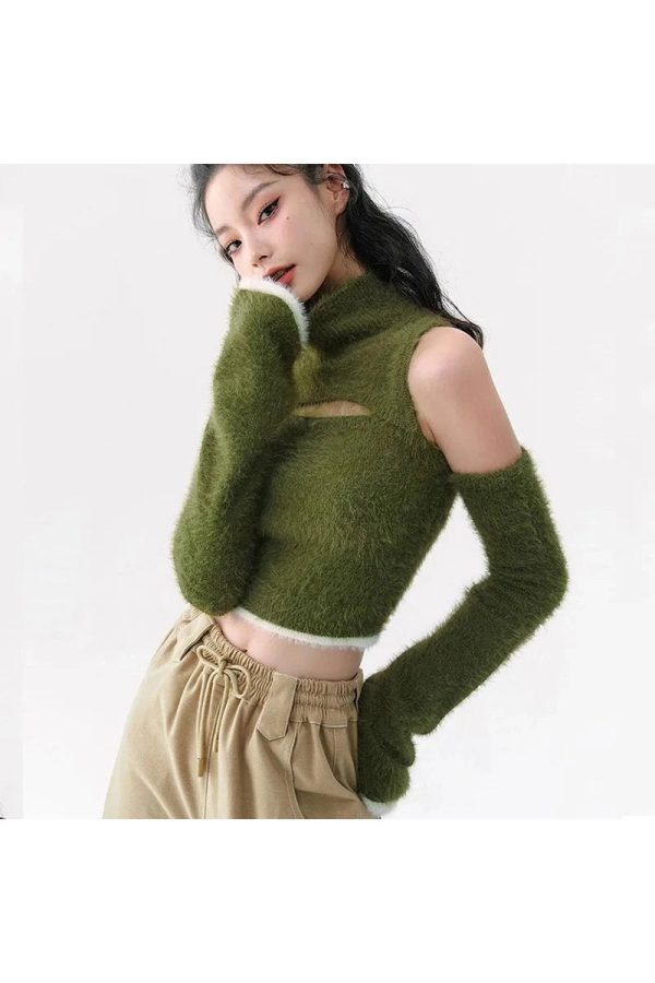 Mossy Cutout Fuzzy Crop Top - Cute 2000s Outfits & Y2K Fashion Inspiration