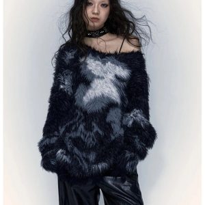 Nebula Fuzz Distressed Sweater - Y2K Fashion, 2000s Outfit Inspiration