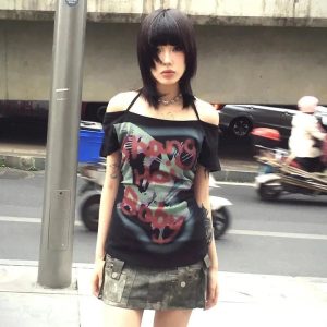 Off-Shoulder Skull Graffiti T-Shirt: Trendy Outfit Ideas for Every Occasion