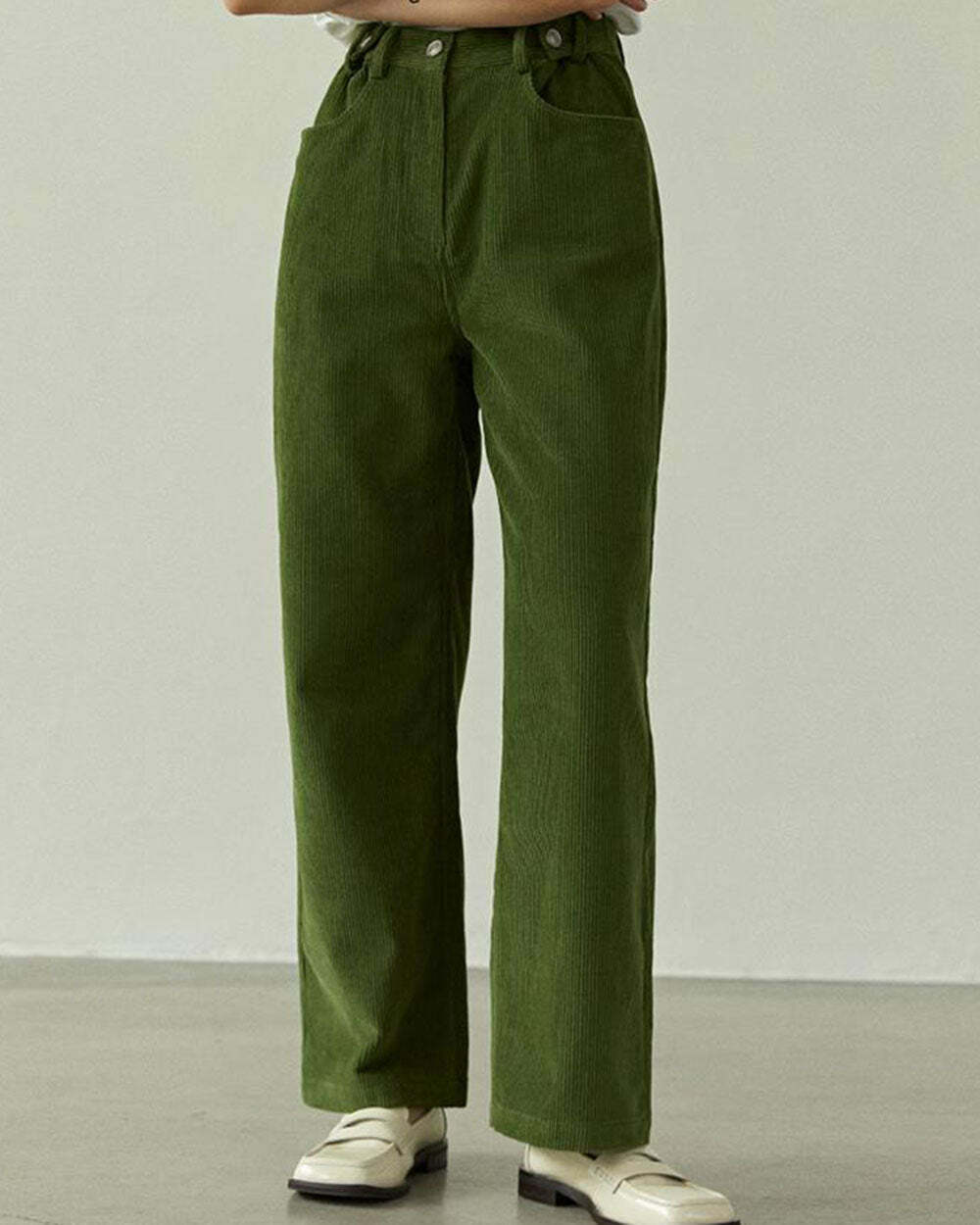 Olive Green Wide-Leg Cord Trousers - Y2K 2000s Fashion Inspiration Outfit