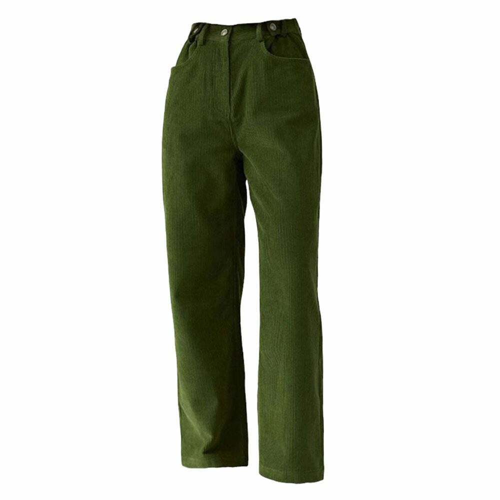 Olive Green Wide-Leg Cord Trousers - Y2K 2000s Fashion Inspiration Outfit