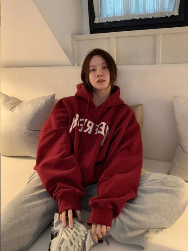 Oversized Maroon Graphic Hoodie - Y2K Fashion, Cute 2000s Outfits, McBling