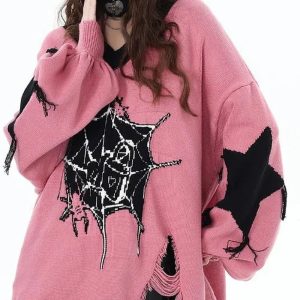 Pink Gothic Web Sweater: Trendy Outfit Ideas for Concerts & Casual Outfits