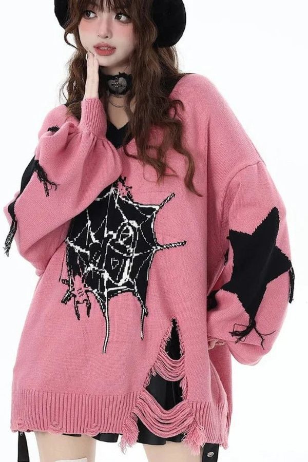 Pink Gothic Web Sweater: Trendy Outfit Ideas for Concerts & Casual Outfits