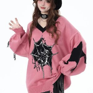 Pink Gothic Web Sweater: Trendy Outfit Ideas for Concerts & Casual Outfits