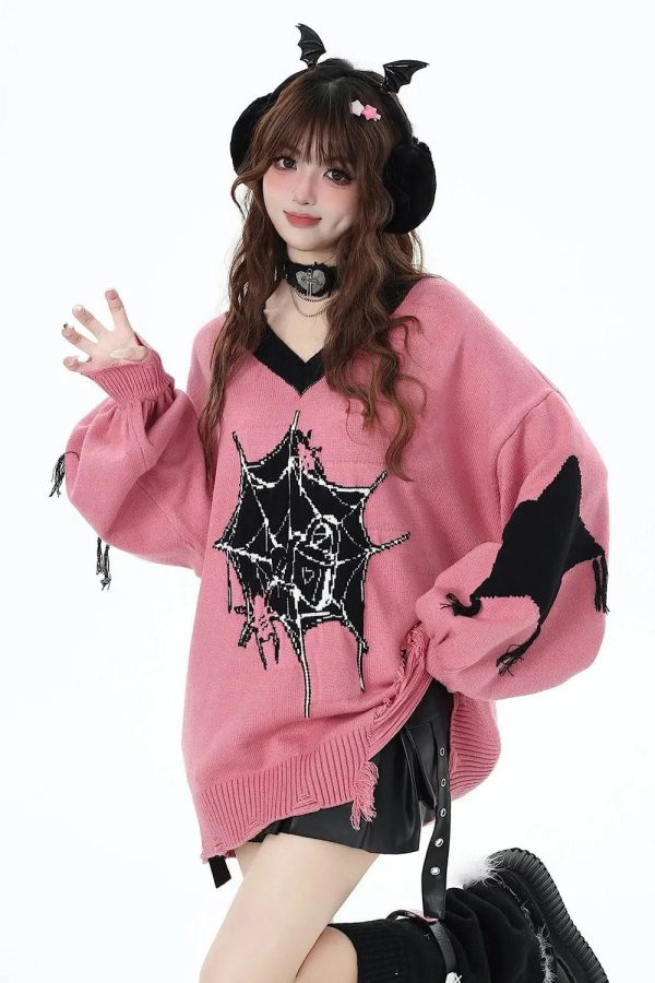 Pink Gothic Web Sweater: Trendy Outfit Ideas for Concerts & Casual Outfits