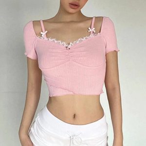 Pink Lace Bow Trim Crop Top | Cute 2000s Outfits & Y2K Fashion Inspiration