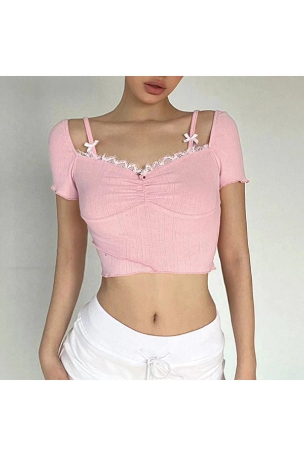 Pink Lace Bow Trim Crop Top | Cute 2000s Outfits & Y2K Fashion Inspiration