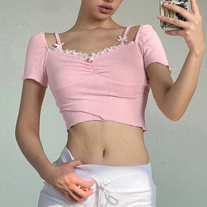 Pink Lace Bow Trim Crop Top | Cute 2000s Outfits & Y2K Fashion Inspiration