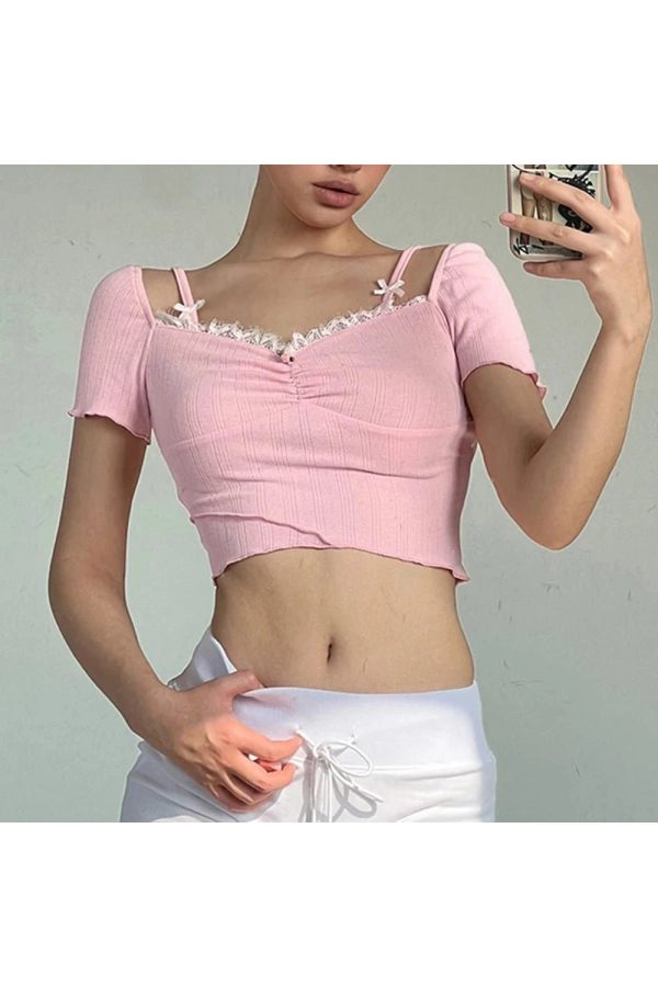 Pink Lace Bow Trim Crop Top | Cute 2000s Outfits & Y2K Fashion Inspiration