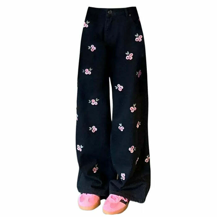 Pink Rose Embroidery Wide Leg Pants - Cute 2000s Outfits & Y2K Fashion