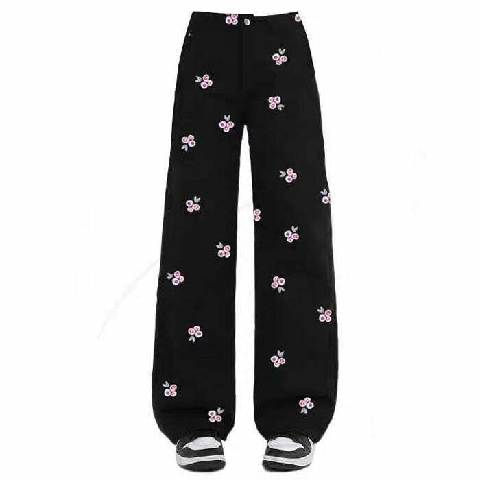 Pink Rose Embroidery Wide Leg Pants - Cute 2000s Outfits & Y2K Fashion