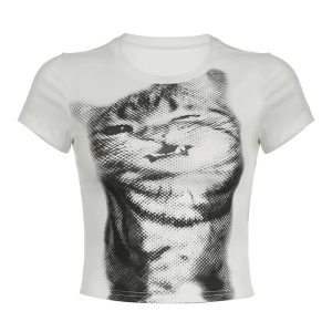 Pixelated Cat Graphic Crop Top: Trendy Outfit Ideas for Every Occasion