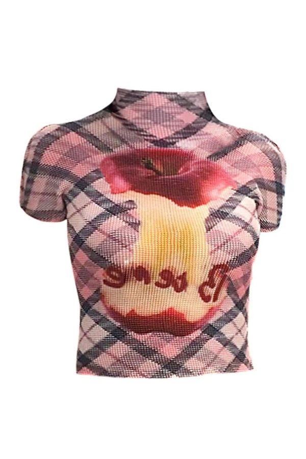 Plaid Applecore Mesh Crop Top - Cute 2000s Outfits & Y2K Fashion Inspiration