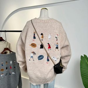 Playful Embroidery Oversized Sweater - Cute 2000s Fashion Inspiration