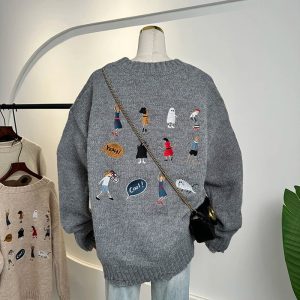 Playful Embroidery Oversized Sweater - Cute 2000s Fashion Inspiration