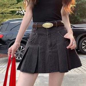 Pleated High-Waisted Denim Skirt - Cute 2000s Outfits & Y2K Fashion