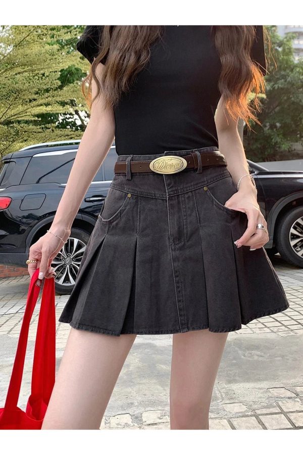 Pleated High-Waisted Denim Skirt - Cute 2000s Outfits & Y2K Fashion