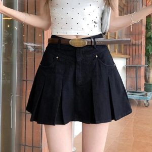 Pleated High-Waisted Denim Skirt - Cute 2000s Outfits & Y2K Fashion