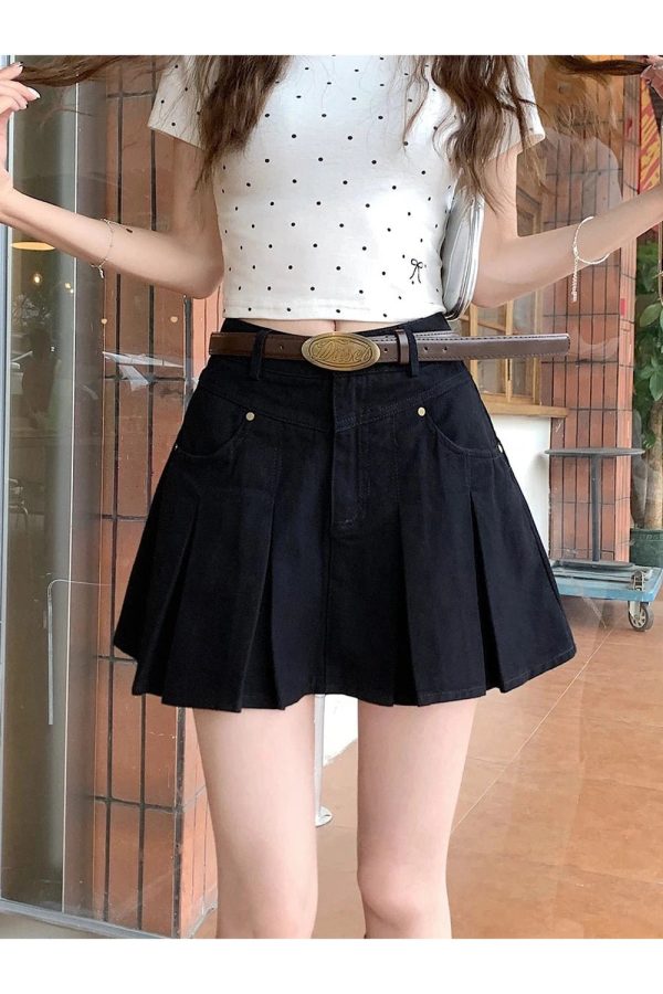 Pleated High-Waisted Denim Skirt - Cute 2000s Outfits & Y2K Fashion